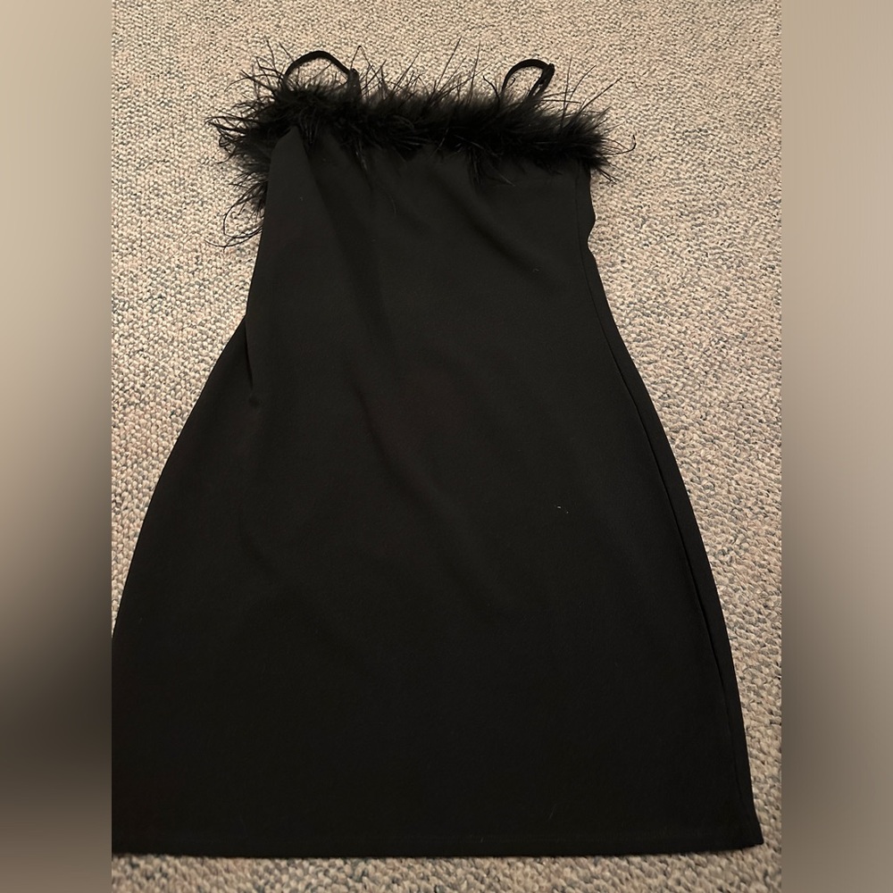 Black Feather-Trim Mini Dress with Spaghetti Straps